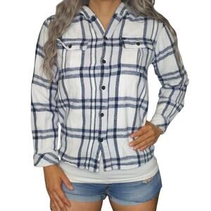 Quicksilver Flannel Shirt Kids XL 20 Plaid White Navy Blue Button Up Hoodie